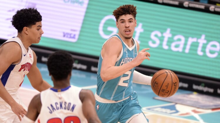 May 1, 2021; Charlotte, North Carolina, USA;  Charlotte Hornets guard LaMelo Ball (2) drives down court during the second half against the Detroit Pistons at the Spectrum Center. Hornets win 107-94. Mandatory Credit: Sam Sharpe-USA TODAY Sports