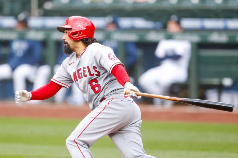 May 1, 2021; Seattle, Washington, USA; Los Angeles Angels third baseman Anthony Rendon (6) hits a two-run double against the Seattle Mariners during the second inning at T-Mobile Park. Mandatory Credit: Jennifer Buchanan-USA TODAY Sports