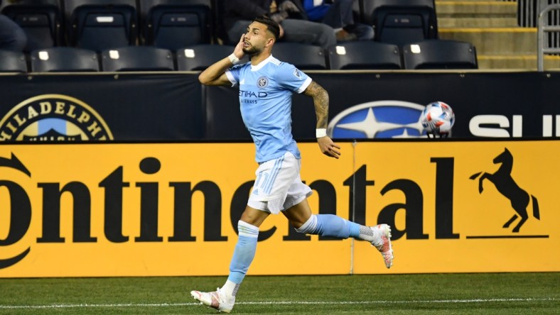 May 1, 2021; Philadelphia, Pennsylvania, USA; New York City FC forward Valentin Castellanos (11) celebrates a goal in the second half against the Philadelphia Union at Talen Energy Stadium. Mandatory Credit: Kyle Ross-USA TODAY Sports