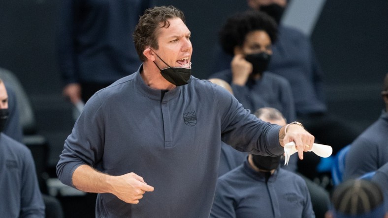 April 14, 2021; Sacramento, California, USA; Sacramento Kings head coach Luke Walton during the fourth quarter against the Washington Wizards at Golden 1 Center. Mandatory Credit: Kyle Terada-USA TODAY Sports