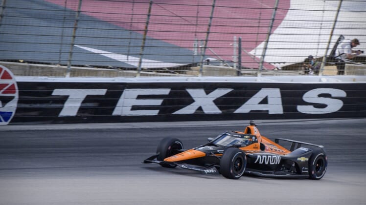 May 2, 2021; Fort Worth, Texas, USA; Arrow McLaren SP driver Pato O'Ward (5) of Mexico during the running of the Xpel 375 IndyCar race at Texas Motor Speedway. Mandatory Credit: Jerome Miron-USA TODAY Sports