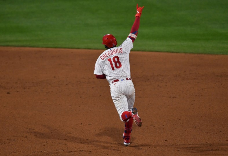 May 2, 2021; Philadelphia, Pennsylvania, USA; Philadelphia Phillies shortstop Didi Gregorius (18) celebrates as he rounds the bases on a three-run home run in the sixth inning against the New York Mets at Citizens Bank Park. Mandatory Credit: Kyle Ross-USA TODAY Sports