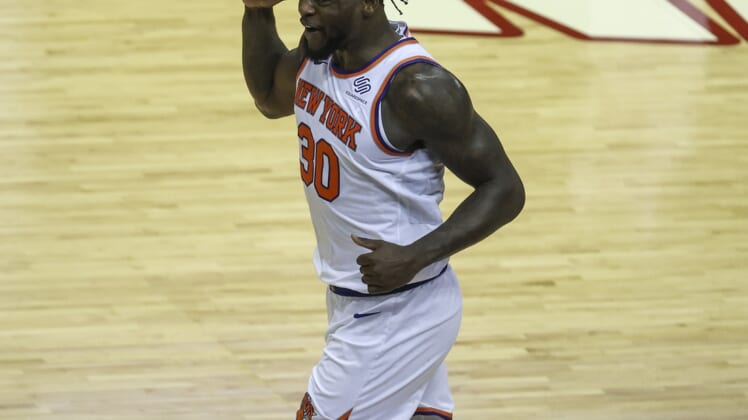 May 2, 2021; Houston, Texas, USA; New York Knicks forward Julius Randle (30) reacts after a play during the third quarter against the Houston Rockets at Toyota Center. Mandatory Credit: Troy Taormina-USA TODAY Sports
