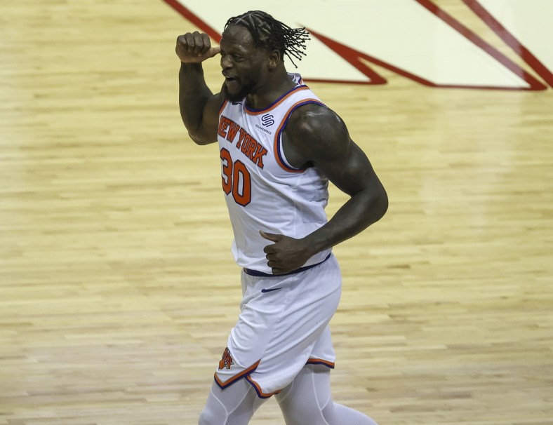 May 2, 2021; Houston, Texas, USA; New York Knicks forward Julius Randle (30) reacts after a play during the third quarter against the Houston Rockets at Toyota Center. Mandatory Credit: Troy Taormina-USA TODAY Sports