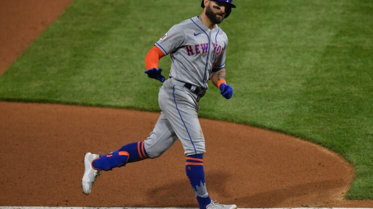 May 2, 2021; Philadelphia, Pennsylvania, USA; New York Mets center fielder Kevin Pillar (11) rounds the bases after hitting a home run in the eighth inning against the Philadelphia Phillies at Citizens Bank Park. Mandatory Credit: Kyle Ross-USA TODAY Sports