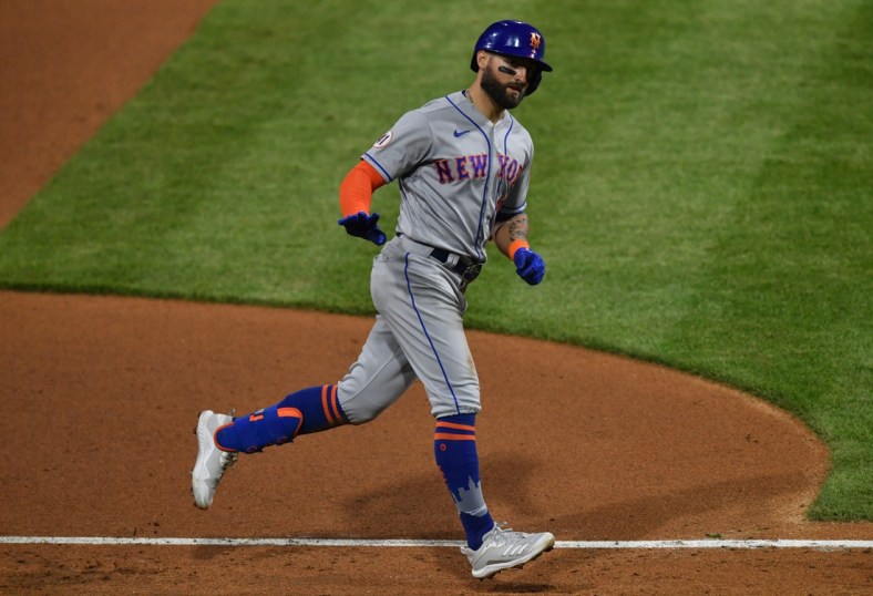 May 2, 2021; Philadelphia, Pennsylvania, USA; New York Mets center fielder Kevin Pillar (11) rounds the bases after hitting a home run in the eighth inning against the Philadelphia Phillies at Citizens Bank Park. Mandatory Credit: Kyle Ross-USA TODAY Sports