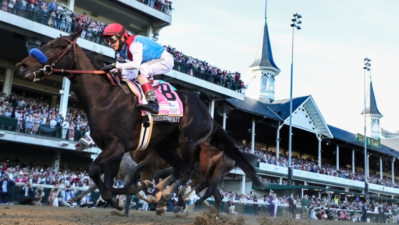 John Velazquez, aboard Medina Spirit, wins the Kentucky Derby.Derbyclevenger02