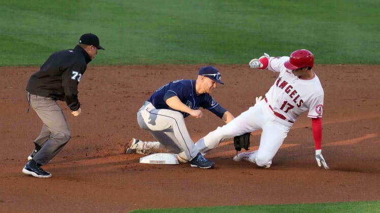 May 3, 2021; Anaheim, California, USA; Los Angeles Angels designated hitter Shohei Ohtani (17) slides into second base to beat a throw to Tampa Bay Rays second baseman Mike Brosseau (43) on a double in the first inning at Angel Stadium. Mandatory Credit: Kirby Lee-USA TODAY Sports