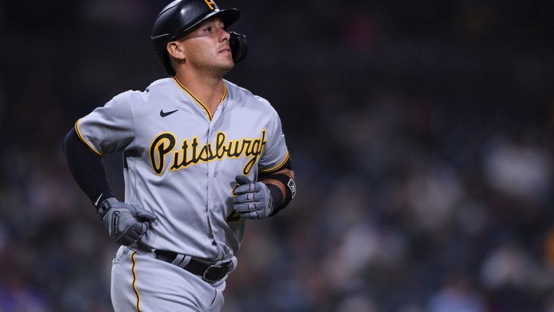 May 3, 2021; San Diego, California, USA; Pittsburgh Pirates left fielder Phillip Evans (24) walks during the sixth inning against the San Diego Padres at Petco Park. Mandatory Credit: Orlando Ramirez-USA TODAY Sports