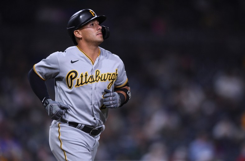 May 3, 2021; San Diego, California, USA; Pittsburgh Pirates left fielder Phillip Evans (24) walks during the sixth inning against the San Diego Padres at Petco Park. Mandatory Credit: Orlando Ramirez-USA TODAY Sports