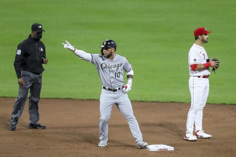 May 4, 2021; Cincinnati, Ohio, USA; Chicago White Sox third baseman Yoan Moncada (10) reacts after hitting a double against the Cincinnati Reds during the third inning at Great American Ball Park. Mandatory Credit: Katie Stratman-USA TODAY Sports