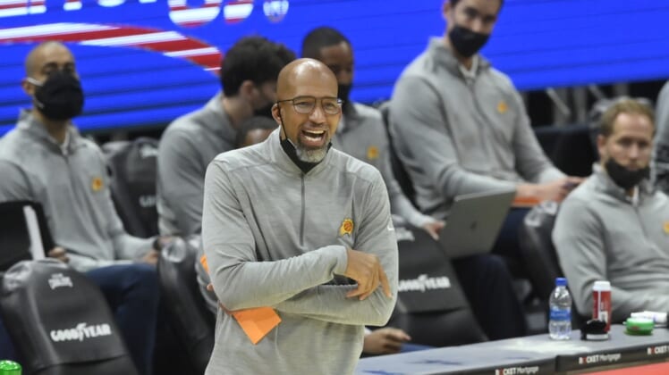 May 4, 2021; Cleveland, Ohio, USA; Phoenix Suns head coach Monty Williams reacts in the third quarter against the Cleveland Cavaliers at Rocket Mortgage FieldHouse. Mandatory Credit: David Richard-USA TODAY Sports