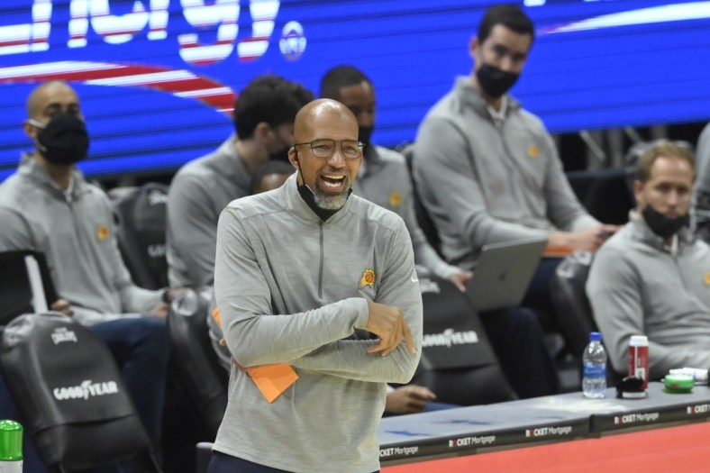 May 4, 2021; Cleveland, Ohio, USA; Phoenix Suns head coach Monty Williams reacts in the third quarter against the Cleveland Cavaliers at Rocket Mortgage FieldHouse. Mandatory Credit: David Richard-USA TODAY Sports