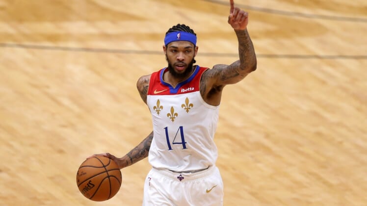 May 4, 2021; New Orleans, Louisiana, USA; New Orleans Pelicans forward Brandon Ingram (14) gestures in the third quarter against the Golden State Warriors at the Smoothie King Center. Mandatory Credit: Chuck Cook-USA TODAY Sports