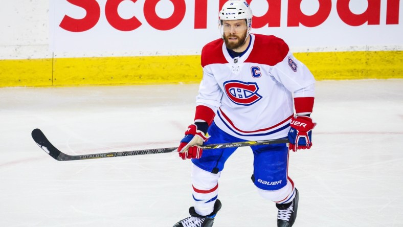 Apr 23, 2021; Calgary, Alberta, CAN; Montreal Canadiens defenseman Shea Weber (6) skates against the Calgary Flames during the second period at Scotiabank Saddledome. Mandatory Credit: Sergei Belski-USA TODAY Sports