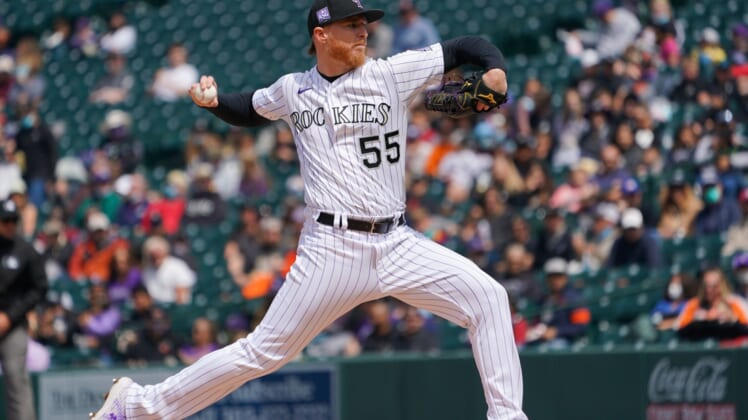 May 5, 2021; Denver, Colorado, USA; Colorado Rockies starting pitcher Jon Gray (55) delivers a pitch during the first inning against the San Francisco Giants at Coors Field. Mandatory Credit: Troy Babbitt-USA TODAY Sports