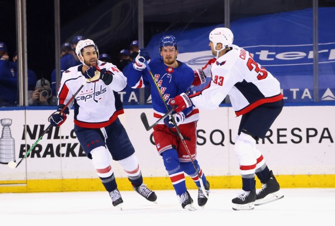 May 5, 2021; New York, New York, USA;  Pavel Buchnevich #89 of the New York Rangers skates against Tom Wilson #43 and Zdeno Chara #33 of the Washington Capitals during the first period at Madison Square Garden. Mandatory Credit:  Bruce Bennett/POOL PHOTOS-USA TODAY Sports