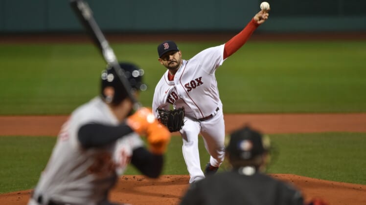 May 5, 2021; Boston, Massachusetts, USA;  Boston Red Sox starting pitcher Martin Perez (54) pitches during the first inning against the Detroit Tigers at Fenway Park. Mandatory Credit: Bob DeChiara-USA TODAY Sports