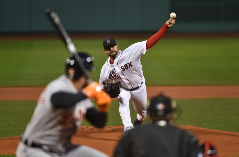 May 5, 2021; Boston, Massachusetts, USA;  Boston Red Sox starting pitcher Martin Perez (54) pitches during the first inning against the Detroit Tigers at Fenway Park. Mandatory Credit: Bob DeChiara-USA TODAY Sports