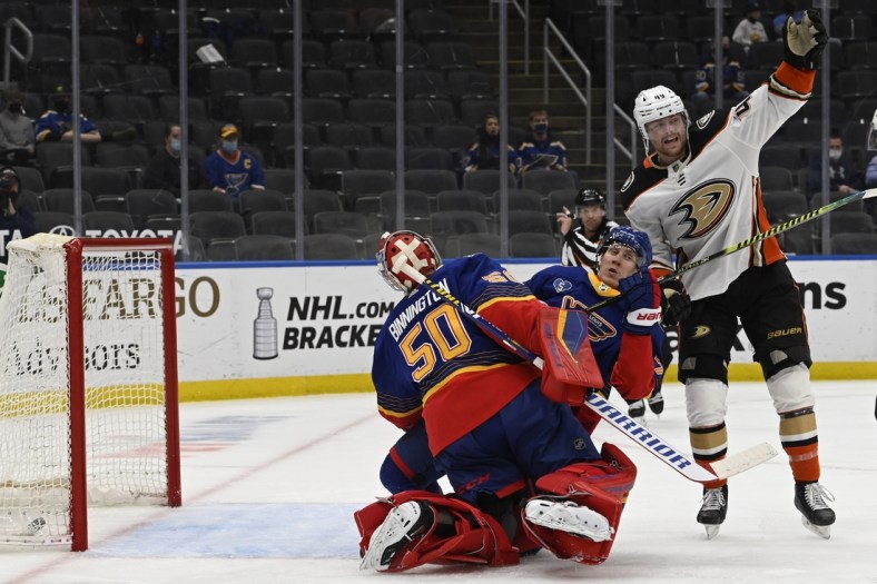 May 5, 2021; St. Louis, Missouri, USA; Anaheim Ducks left wing Max Jones (49) reacts after scoring a goal against the St. Louis Blues in the second period at Enterprise Center. Mandatory Credit: Jeff Le-USA TODAY Sports