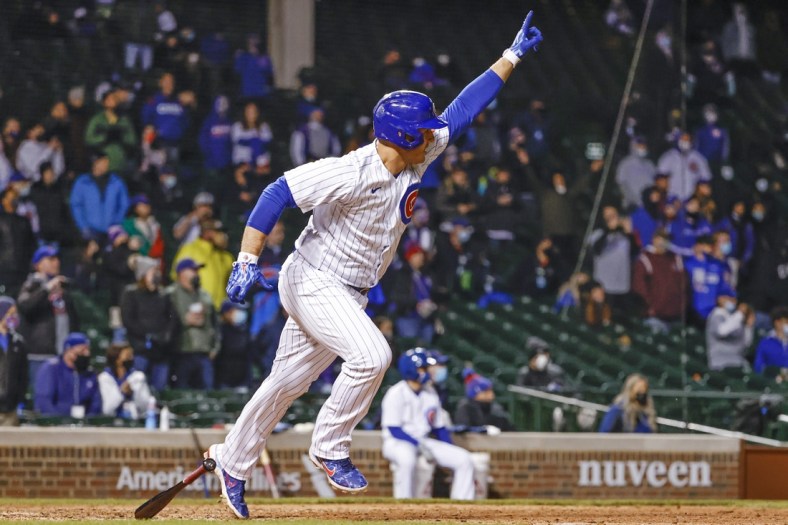 May 5, 2021; Chicago, Illinois, USA; Chicago Cubs first baseman Anthony Rizzo (44) reacts after hitting a walk-off RBI-single against the Los Angeles Dodgers during the 11th inning at Wrigley Field. Mandatory Credit: Kamil Krzaczynski-USA TODAY Sports