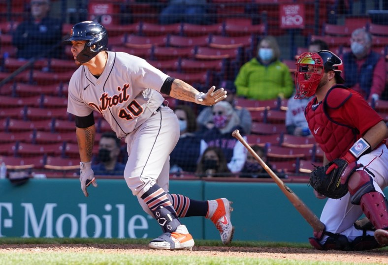 May 6, 2021; Boston, Massachusetts, USA; Detroit Tigers catcher Wilson Ramos (40) gets a base hit to drive in the go ahead run against the Detroit Tigers in the eighth inning at Fenway Park. Mandatory Credit: David Butler II-USA TODAY Sports
