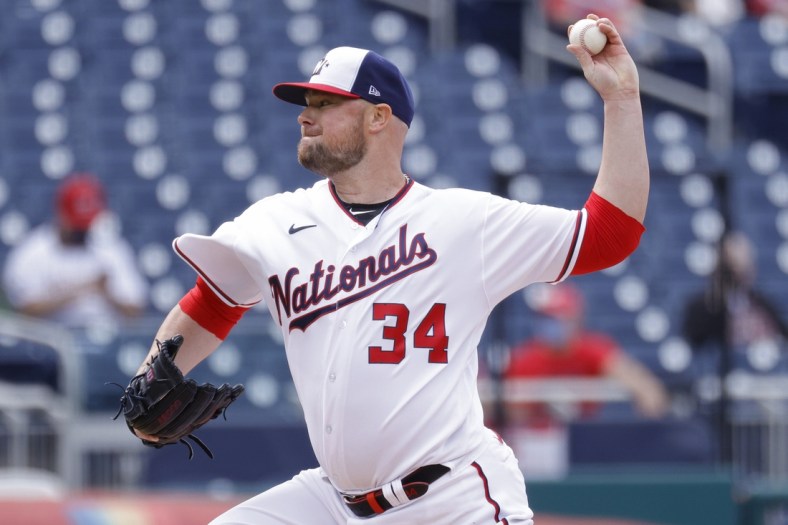 May 6, 2021; Washington, District of Columbia, USA; Washington Nationals starting pitcher Jon Lester (34) pitches against the Atlanta Braves in the second inning at Nationals Park. Mandatory Credit: Geoff Burke-USA TODAY Sports