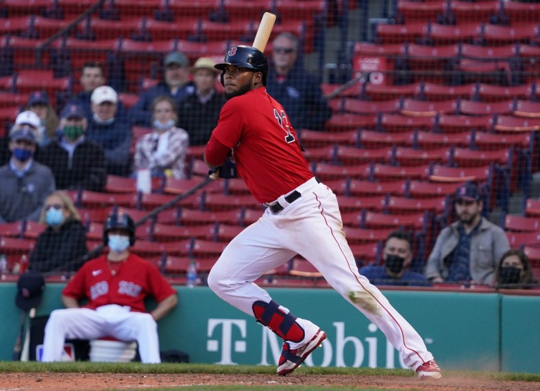 May 6, 2021; Boston, Massachusetts, USA; Boston Red Sox center fielder Franchy Cordero (16) gets a base hit against the Detroit Tigers in the eighth inning at Fenway Park. Mandatory Credit: David Butler II-USA TODAY Sports
