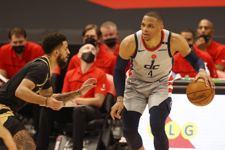 May 6, 2021; Tampa, Florida, USA;Washington Wizards guard Russell Westbrook (4) drives to the basket against the Toronto Raptors during the second half at Amalie Arena. Mandatory Credit: Kim Klement-USA TODAY Sports