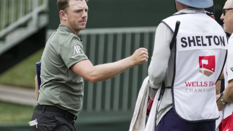 May 7, 2021; Charlotte, North Carolina, USA;  Matt Wallace finishes the day with a 67 during the second round of the Wells Fargo Championship golf tournament. Mandatory Credit: Jim Dedmon-USA TODAY Sports
