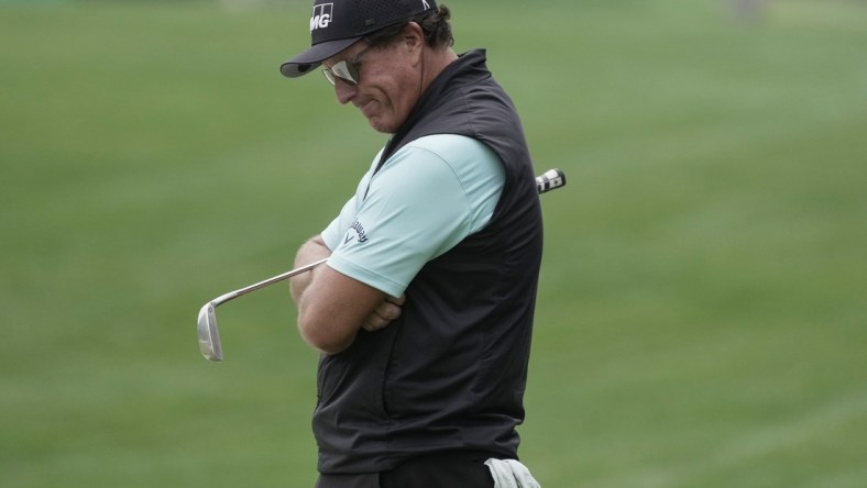 May 7, 2021; Charlotte, North Carolina, USA; Phil Mickelson  after his bogey on 15 during the second round of the Wells Fargo Championship golf tournament. Mandatory Credit: Jim Dedmon-USA TODAY Sports