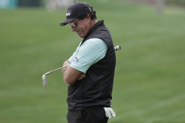 May 7, 2021; Charlotte, North Carolina, USA; Phil Mickelson  after his bogey on 15 during the second round of the Wells Fargo Championship golf tournament. Mandatory Credit: Jim Dedmon-USA TODAY Sports