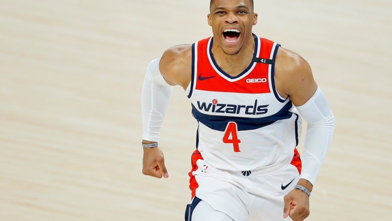 Washington's Russell Westbrook (4) shouts before an April 23 game against the Thunder.Lx12074