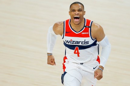 Washington's Russell Westbrook (4) shouts before an April 23 game against the Thunder.Lx12074