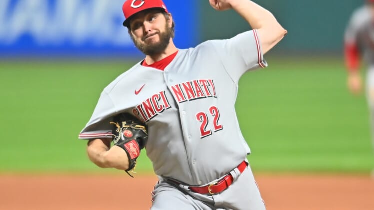 May 7, 2021; Cleveland, Ohio, USA; Cincinnati Reds starting pitcher Wade Miley (22) throws a pitch during the first inning against the Cleveland Indians at Progressive Field. Mandatory Credit: Ken Blaze-USA TODAY Sports