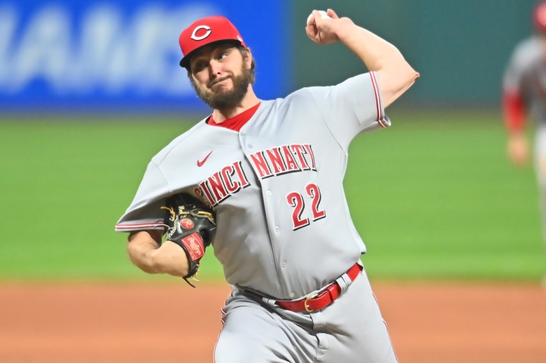May 7, 2021; Cleveland, Ohio, USA; Cincinnati Reds starting pitcher Wade Miley (22) throws a pitch during the first inning against the Cleveland Indians at Progressive Field. Mandatory Credit: Ken Blaze-USA TODAY Sports