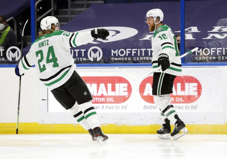 May 7, 2021; Tampa, Florida, USA; Dallas Stars center Joe Pavelski (16) is congratulated after scoring a goal on Tampa Bay Lightning during the second period at Amalie Arena. Mandatory Credit: Kim Klement-USA TODAY Sports