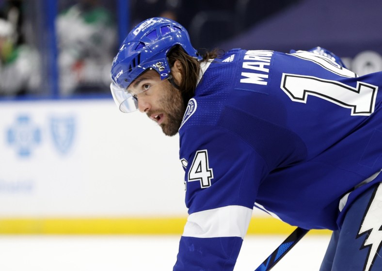 May 7, 2021; Tampa, Florida, USA; Tampa Bay Lightning left wing Pat Maroon (14) looks on against the Dallas Stars during the second period at Amalie Arena. Mandatory Credit: Kim Klement-USA TODAY Sports