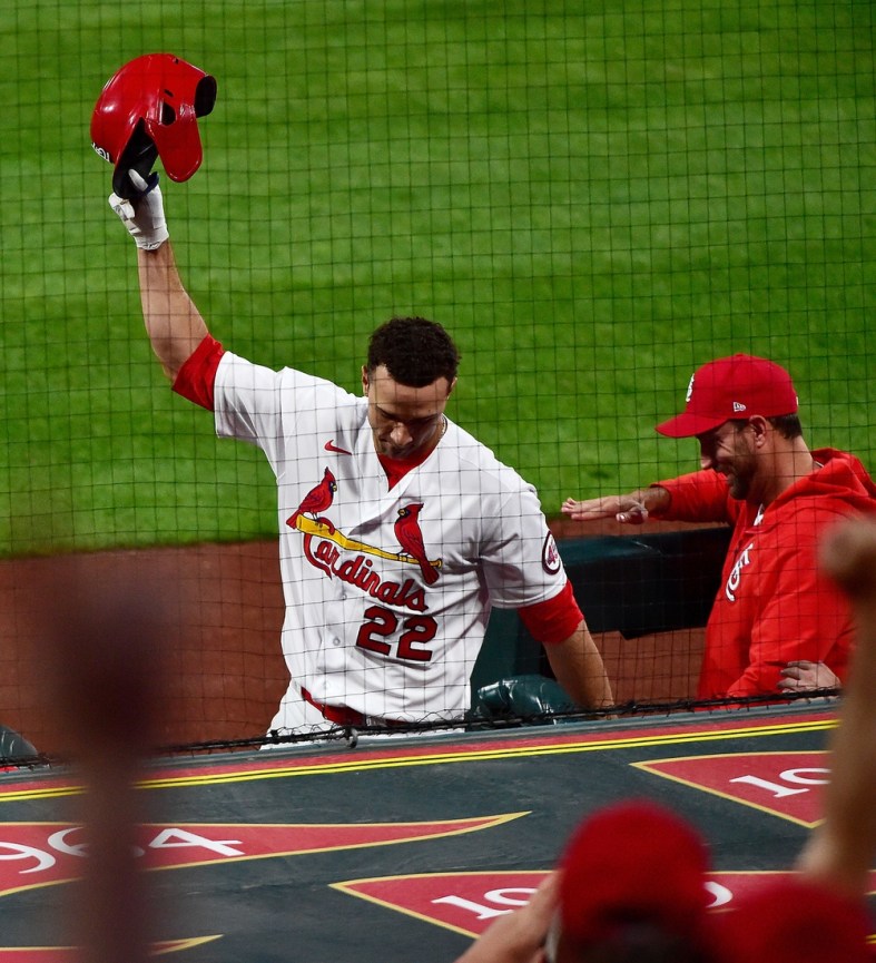 May 7, 2021; St. Louis, Missouri, USA;  St. Louis Cardinals starting pitcher Jack Flaherty (22) salutes the fans as he receives a curtain call after hitting a solo home run off of Colorado Rockies starting pitcher Austin Gomber (not pictured) during the third inning at Busch Stadium. Mandatory Credit: Jeff Curry-USA TODAY Sports