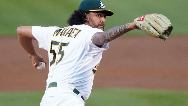 May 7, 2021; Oakland, California, USA; Oakland Athletics starting pitcher Sean Manaea (55) throws a pitch during the third inning against the Tampa Bay Rays at RingCentral Coliseum. Mandatory Credit: Darren Yamashita-USA TODAY Sports