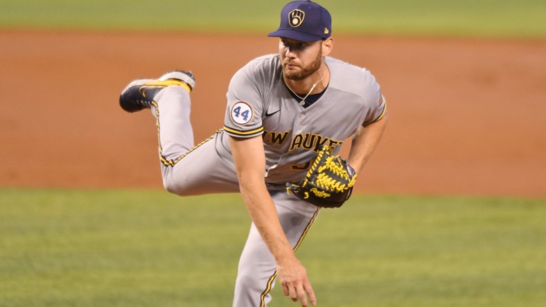 May 8, 2021; Miami, Florida, USA; Milwaukee Brewers starting pitcher Adrian Houser (37) pitches against the Miami Marlins during the second inning at loanDepot Park. Mandatory Credit: Jim Rassol-USA TODAY Sports