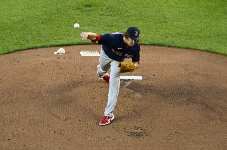 May 8, 2021; Baltimore, Maryland, USA;  Boston Red Sox starting pitcher Garrett Richards (43) delivers a pitch during the first inning against the Baltimore Orioles at Oriole Park at Camden Yards. Mandatory Credit: Tommy Gilligan-USA TODAY Sports