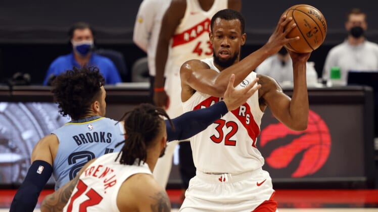 May 8, 2021; Tampa, Florida, USA;  Toronto Raptors guard Rodney Hood (32) looks to pass the ball against the Memphis Grizzlies during the first half at Amalie Arena. Mandatory Credit: Kim Klement-USA TODAY Sports