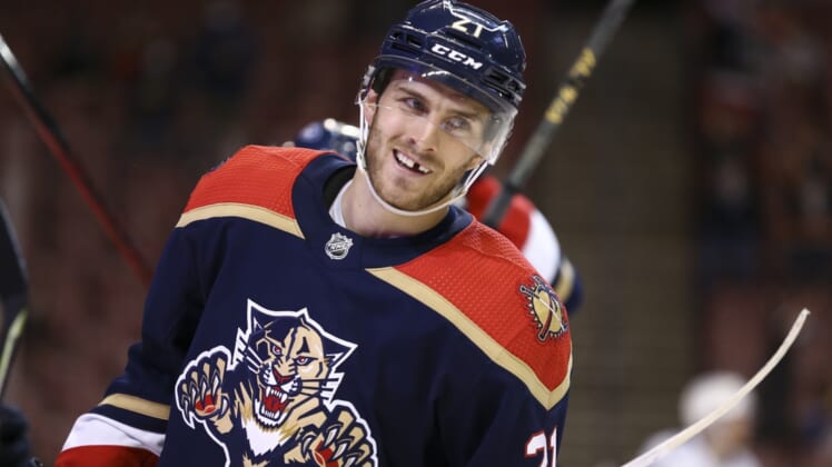 May 8, 2021; Sunrise, Florida, USA; Florida Panthers center Alex Wennberg (21) reacts after scoring a goal against the Tampa Bay Lightning during the second period at BB&T Center. Mandatory Credit: Sam Navarro-USA TODAY Sports
