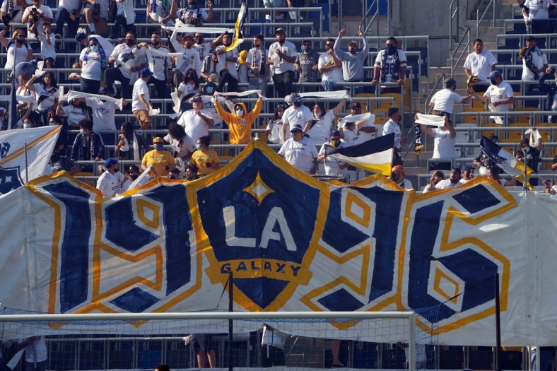 May 8, 2021; Carson, California, USA;  LA Galaxy fans hold a tifo in the first half against the LAFC at Dignity Health Sports Park. Mandatory Credit: Kirby Lee-USA TODAY Sports