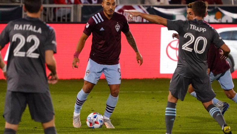 May 8, 2021; Commerce City, Colorado, USA; Colorado Rapids forward Andre Shinyashiki (9) controls the ball in the first half against the Minnesota United at Dick's Sporting Goods Park. Mandatory Credit: Ron Chenoy-USA TODAY Sports