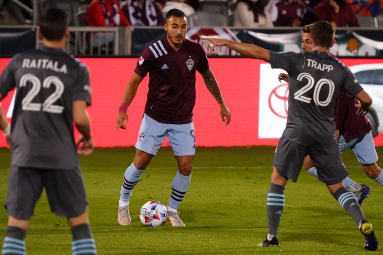 May 8, 2021; Commerce City, Colorado, USA; Colorado Rapids forward Andre Shinyashiki (9) controls the ball in the first half against the Minnesota United at Dick's Sporting Goods Park. Mandatory Credit: Ron Chenoy-USA TODAY Sports