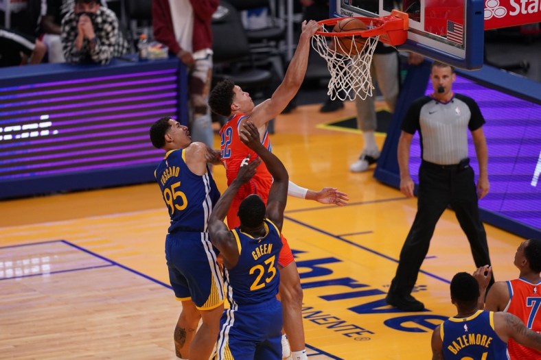May 8, 2021; San Francisco, California, USA; Oklahoma City Thunder forward Isaiah Roby (22) dunks the ball against the Golden State Warriors in the second quarter at the Chase Center. Mandatory Credit: Cary Edmondson-USA TODAY Sports