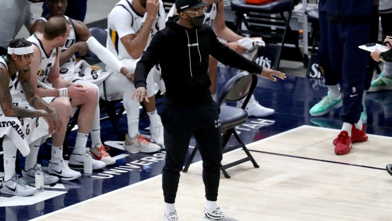 May 8, 2021; Salt Lake City, Utah, USA; Utah Jazz guard Donovan Mitchell (45) reacts after a call in the third quarter against the Houston Rockets at Vivint Arena. Mandatory Credit: Rob Gray-USA TODAY Sports