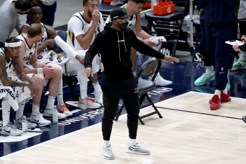 May 8, 2021; Salt Lake City, Utah, USA; Utah Jazz guard Donovan Mitchell (45) reacts after a call in the third quarter against the Houston Rockets at Vivint Arena. Mandatory Credit: Rob Gray-USA TODAY Sports